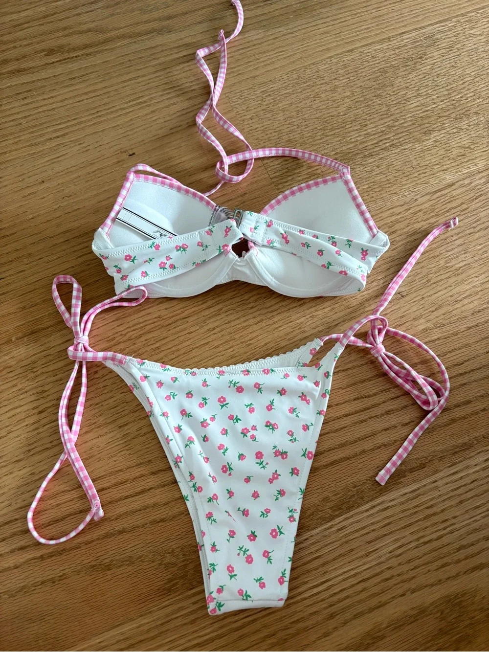 Frankie’s Bikinis White Bikini Set with Pink Floral accents